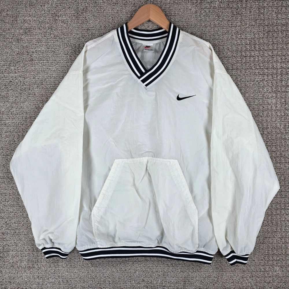 Nike Vintage V-Neck Windbreaker Pullover White Black Striped Mens Large Pouch